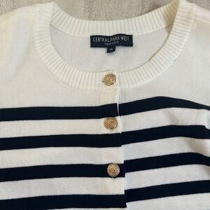 Central Park West White and Navy Striped Crew Cardigan with Gold Buttons